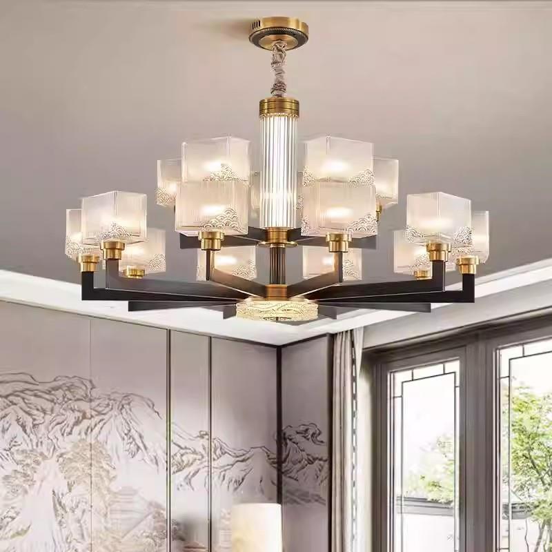 新中式全铜吊灯大气水晶玻璃灯主卧客厅书房餐厅轻奢别墅灯具