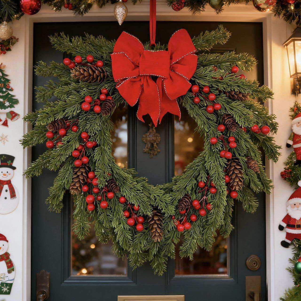 跨境亚马逊新品圣诞节仿真心形花环浆果蝴蝶结前门门挂家居装饰品