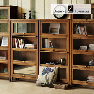 水曲柳美式 实木简约二三四五层储物书橱书架矮书柜带玻璃门