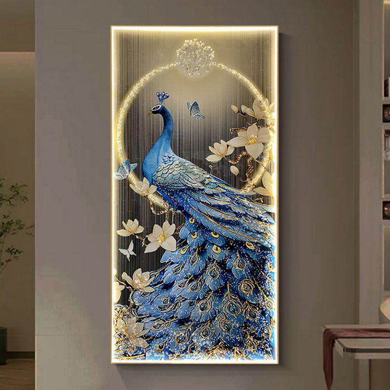 玄关装饰画LED灯光挂画新款孔雀晶瓷走廊过道入户客厅钻石画