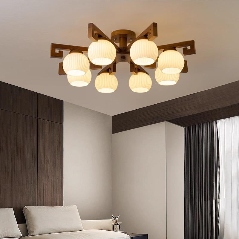 新中式吸顶灯胡桃色实木客厅灯简约现代大气中国风复古别墅灯具
