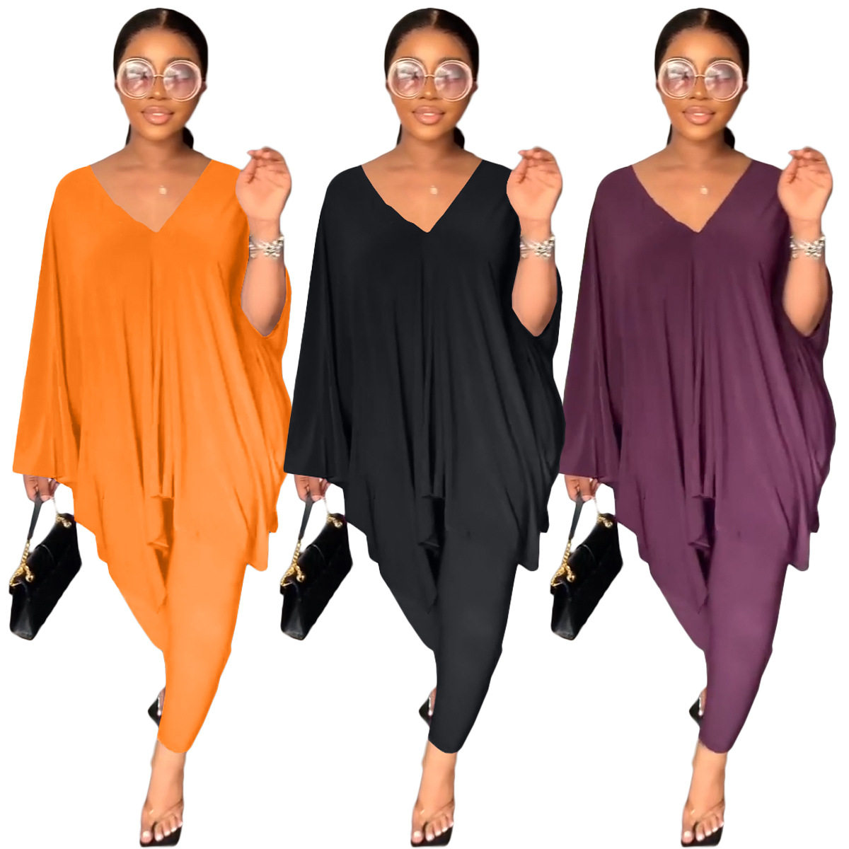 women loose tops+pants set 欧美休闲宽松V领蝙蝠袖套装两件套