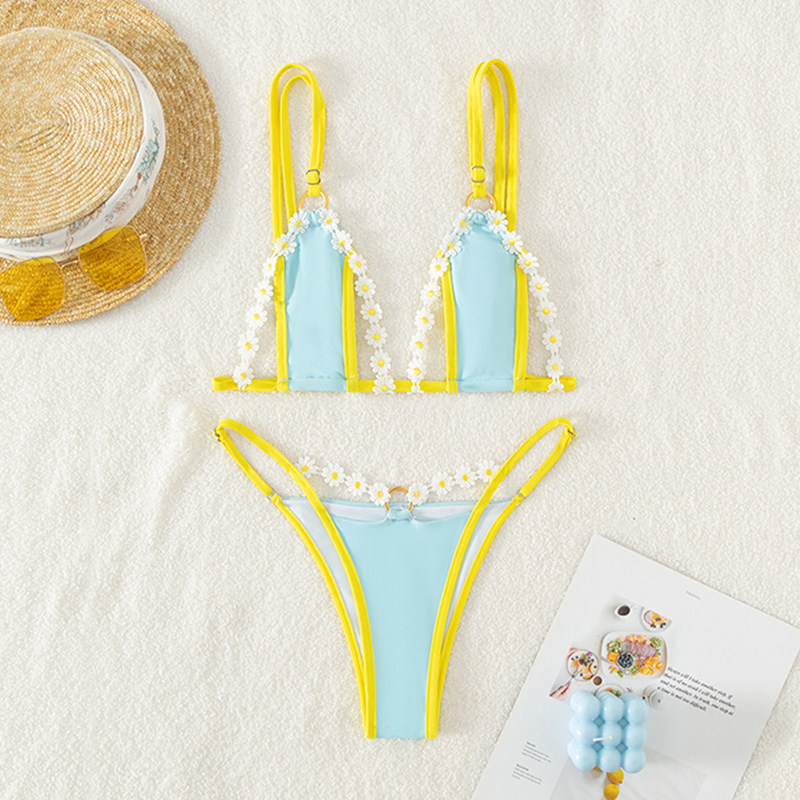 2023欧美度假新款沙滩浴比基尼大胸聚拢绑带女款式bikini分体泳装