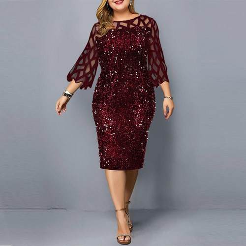 2021 Plus size Party Dress Women Sequin Mesh Wedding Evening
