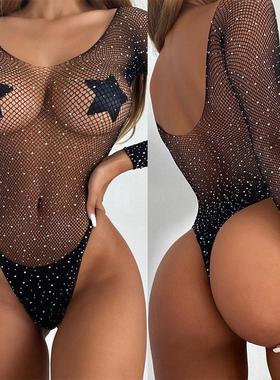 Rhinestone Sexy Lingerie Fishnet Bra Tights Set Mesh Off