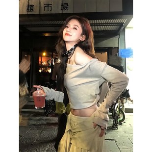 速发式热辣妹露肩长袖个恤早秋新款小T子短款连帽上衣