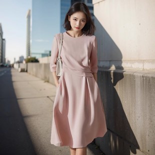 速发奢端轻高高级感五分袖收气醋酸腰质连衣裙中长款粉色优雅裙子