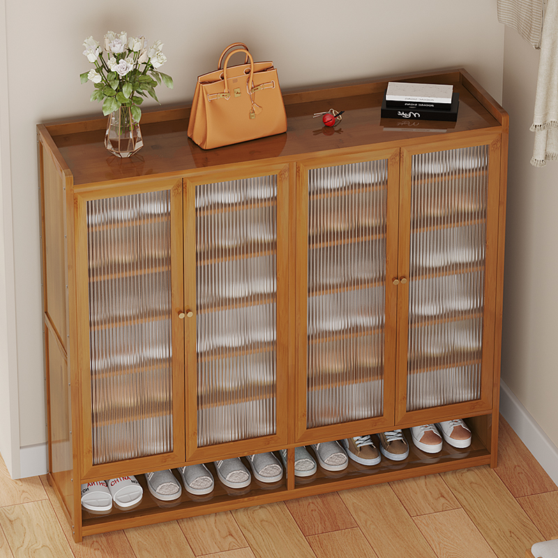 速发简易家纳门口鞋架子大容量带竹室内多层防尘木鞋柜楠门收用神