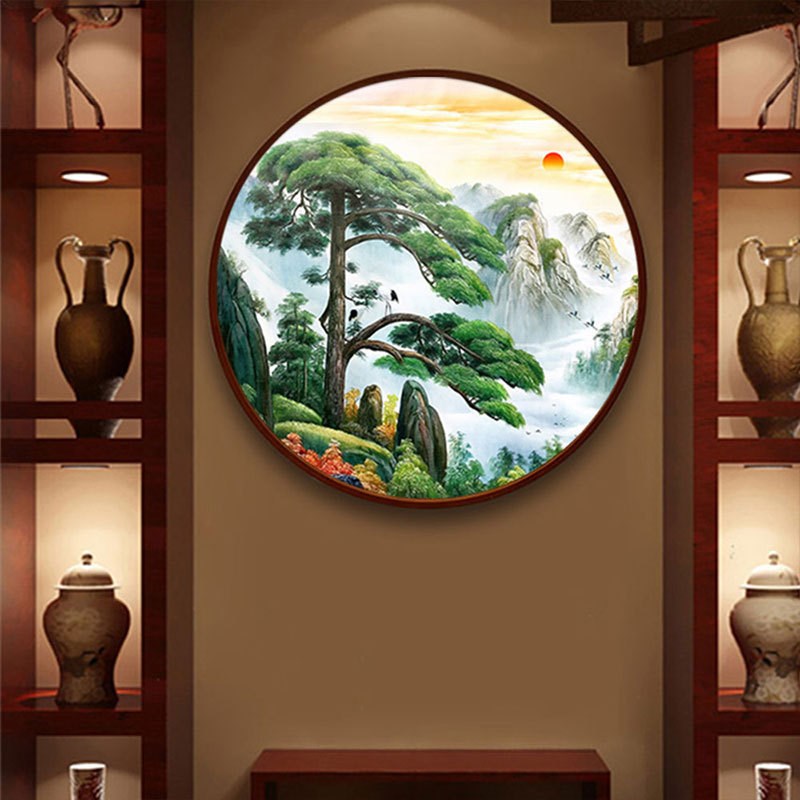 速发2020年5d画满钻新款客厅圆形迎客松水山风景点砖石贴画