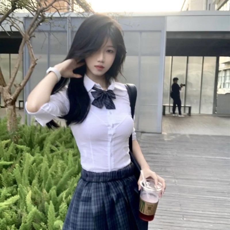 速发JK制服百褶裙套装春季2024新款收院风辣妹长袖白色学腰
