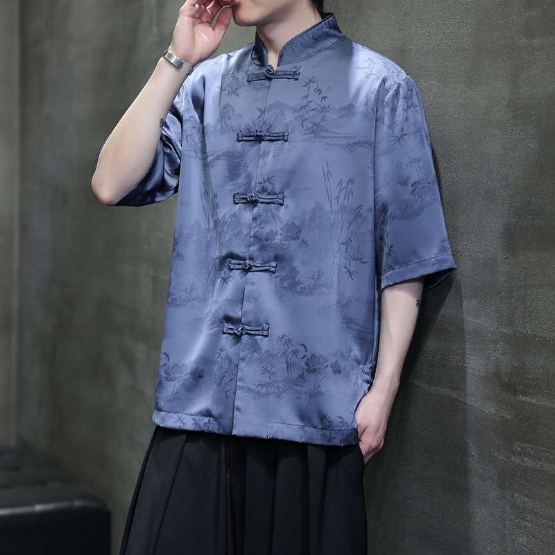 速发新中式唐装良中国风男季薄款改夏汉服大码五分袖衬衣