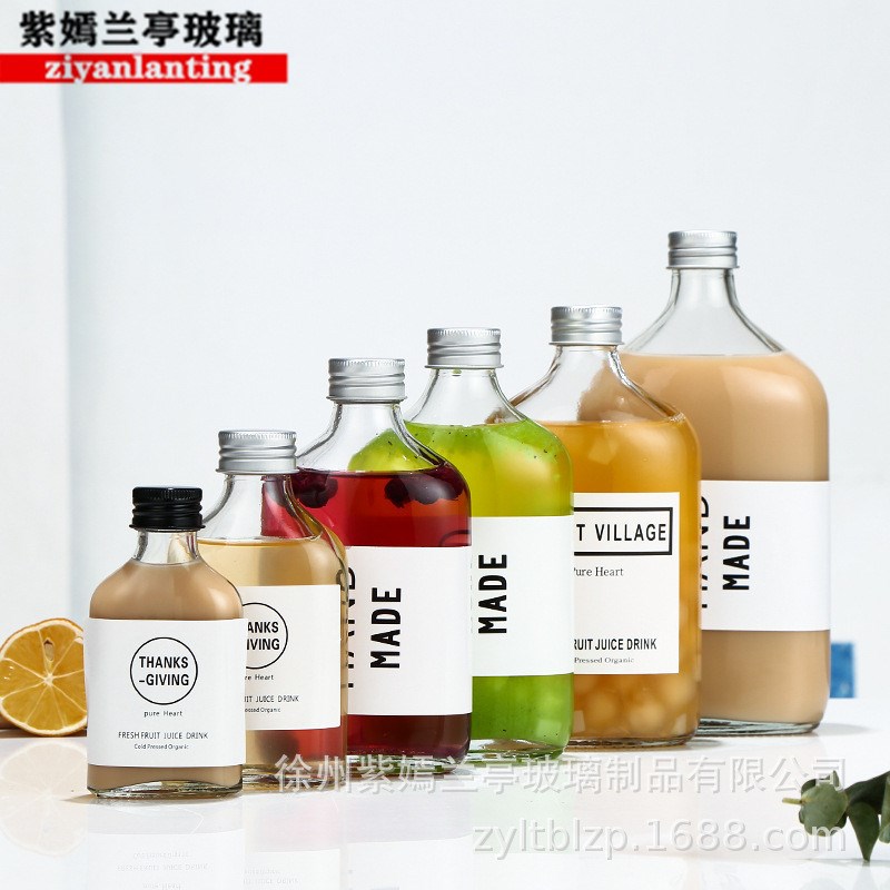 速发玻璃饮料瓶果汁瓶斜肩玻璃瓶外带饮料奶茶瓶酒瓶咖啡瓶