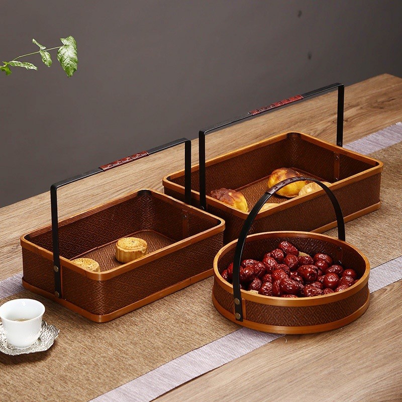 现货速发大漆藤编竹编提篮茶具收纳盒仿古食盒中秋月饼礼盒篮子圆