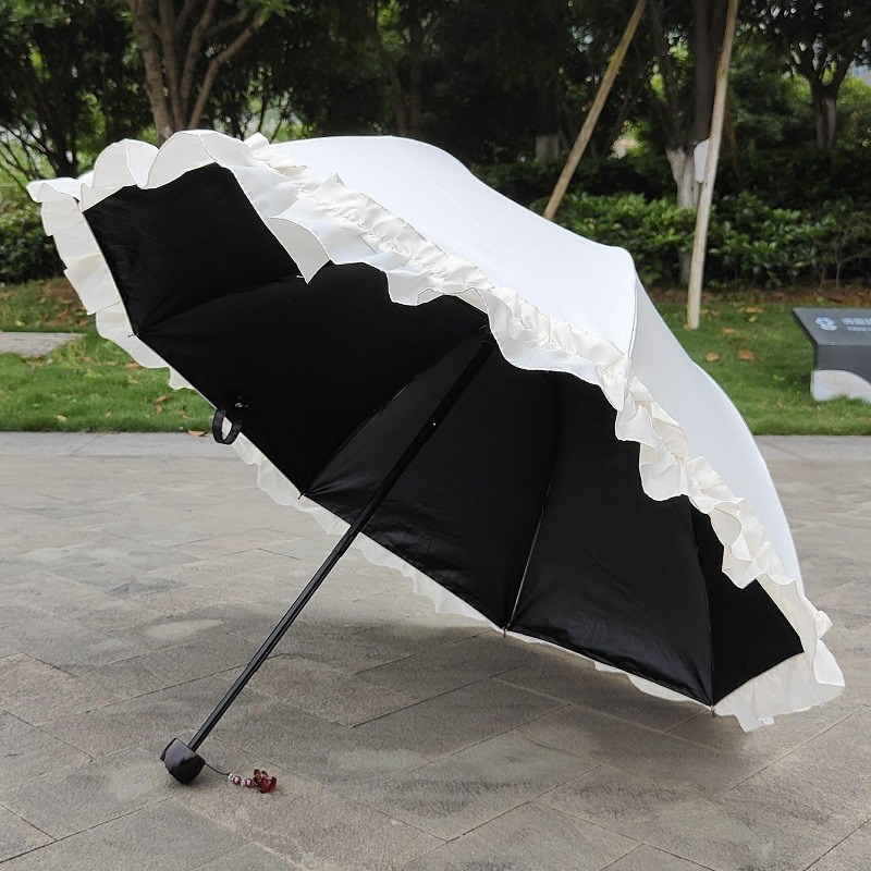 现货速发可批米白色三折太伞荷叶边蕾丝遮晴雨伞超大纯色小清新洋