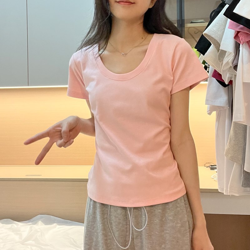 速发粉色t恤夏u领口露锁骨肩衣大领棉质正上棉质辣妹体恤衫
