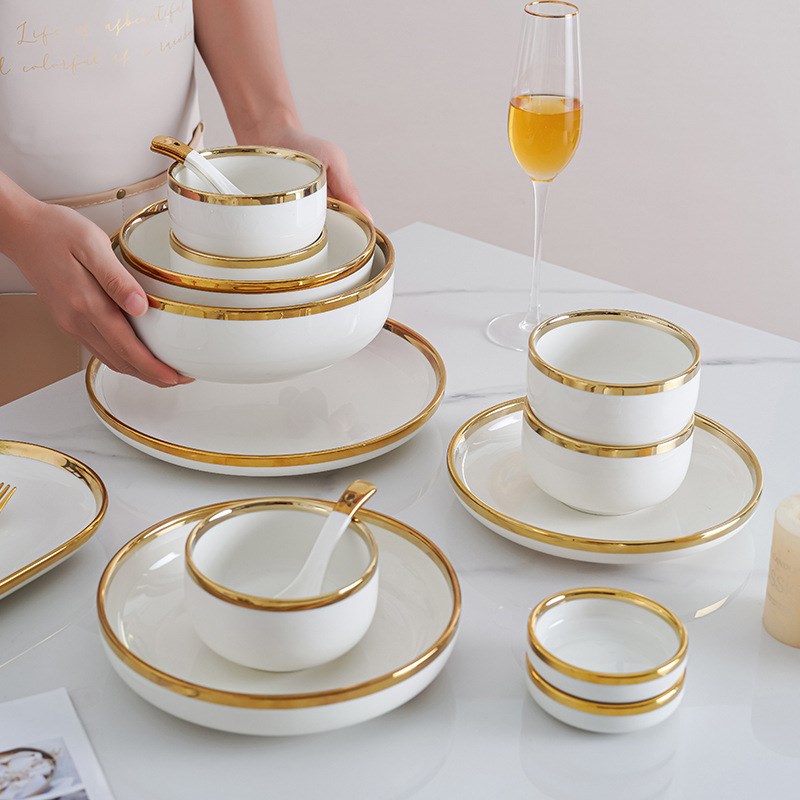 速发轻奢金边碗碟套装家米陶瓷盘饭碗汤碗菜用子碗盘组合餐具套装
