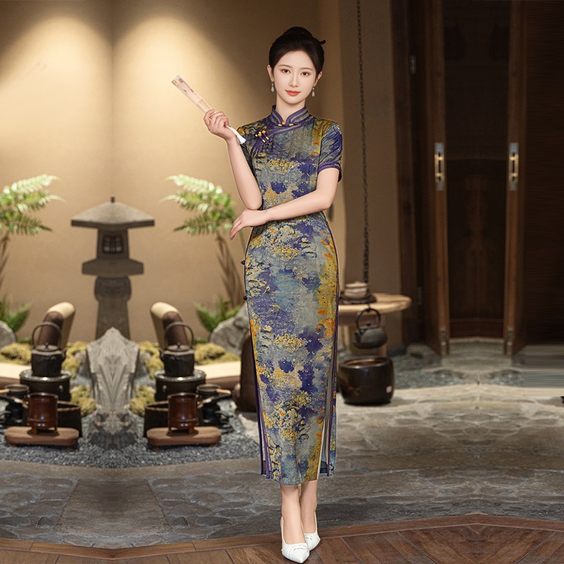 速发洋色旗袍高级感中裙年妈妈紫旗袍