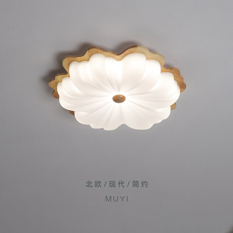 速发房木风卧室灯间油风实木花朵原间吸顶灯全光谱护眼温馨儿童房