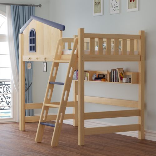 速发实木高架主城床树屋男孩双层上床下空单上层儿童高低滑滑梯公