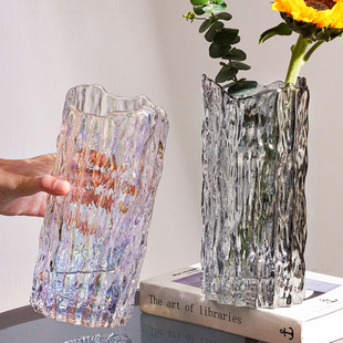 速发花瓶摆件波浪口玻璃瓶透明风插花客厅小轻饰奢装 众高级感