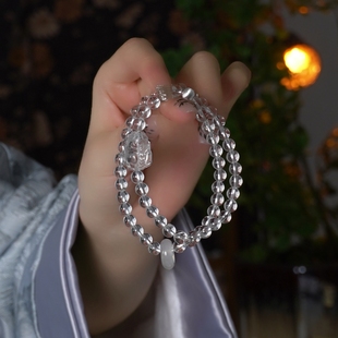 申利多天然白水晶手链女双圈6m两层双圈貔貅多宝东海手串