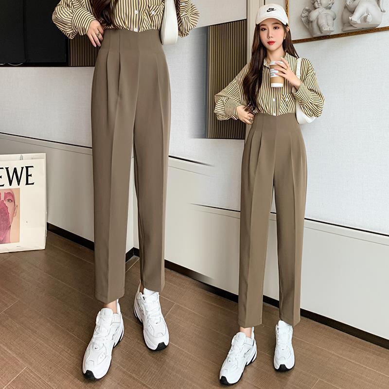 高腰萝卜裤子女网红洋气设计感哈伦裤收腰遮肚休闲冰丝九分花苞裤