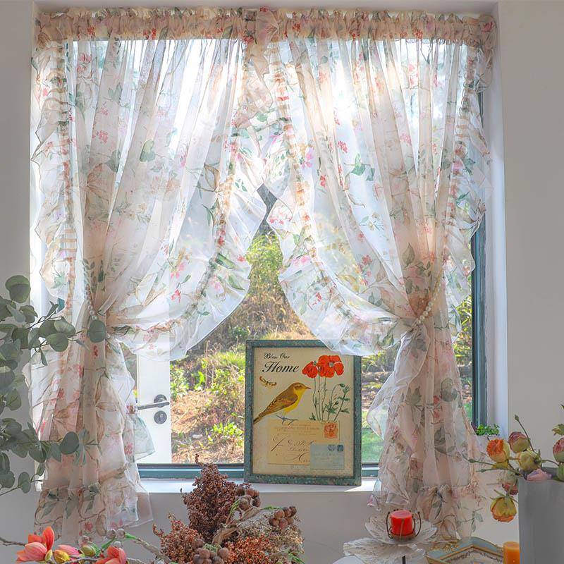 美式乡村田园碎花纱帘免打孔半帘魔术贴自粘窗帘小窗户窗纱定制