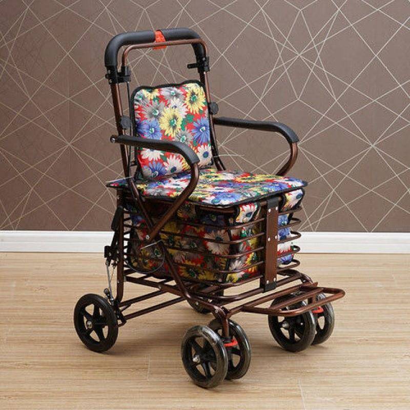 老人手推车代步可坐可推老年便携折叠助力四轮小推车椅子购物买菜
