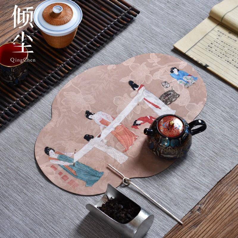 古画云纱茶席 复古茶垫单人主人席 防水桌旗禅意干泡席仕女捣练图