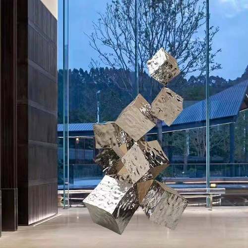 不锈钢镜面水波纹方块雕塑酒店商场样板房魔方工艺品大型落地摆件