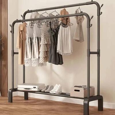 简易衣帽架双杆式晾衣架落地室内移动挂衣架子家用卧室衣服收纳架