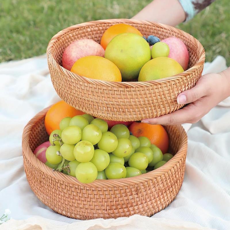越南藤编收纳筐竹编篮子馒头筐圆形水果篮手工编织托盘家用水果盘