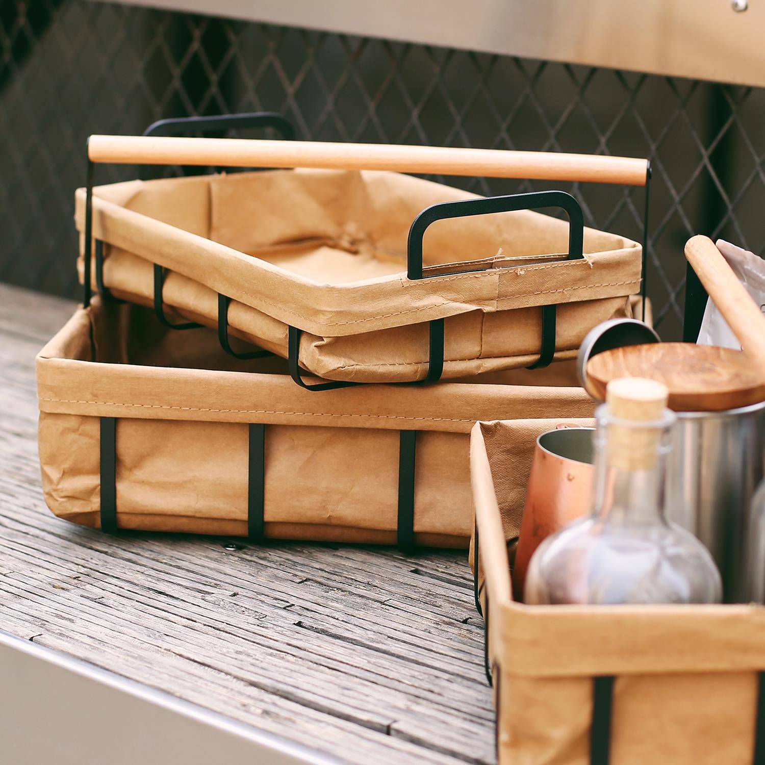 不纸。一宅可水洗牛皮纸提手铁艺收纳筐篮杂物零食餐具收纳篮桌面