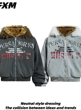 88FXM 美式复古做旧字母印花座山雕棉服男女冬季加厚保暖宽松外套