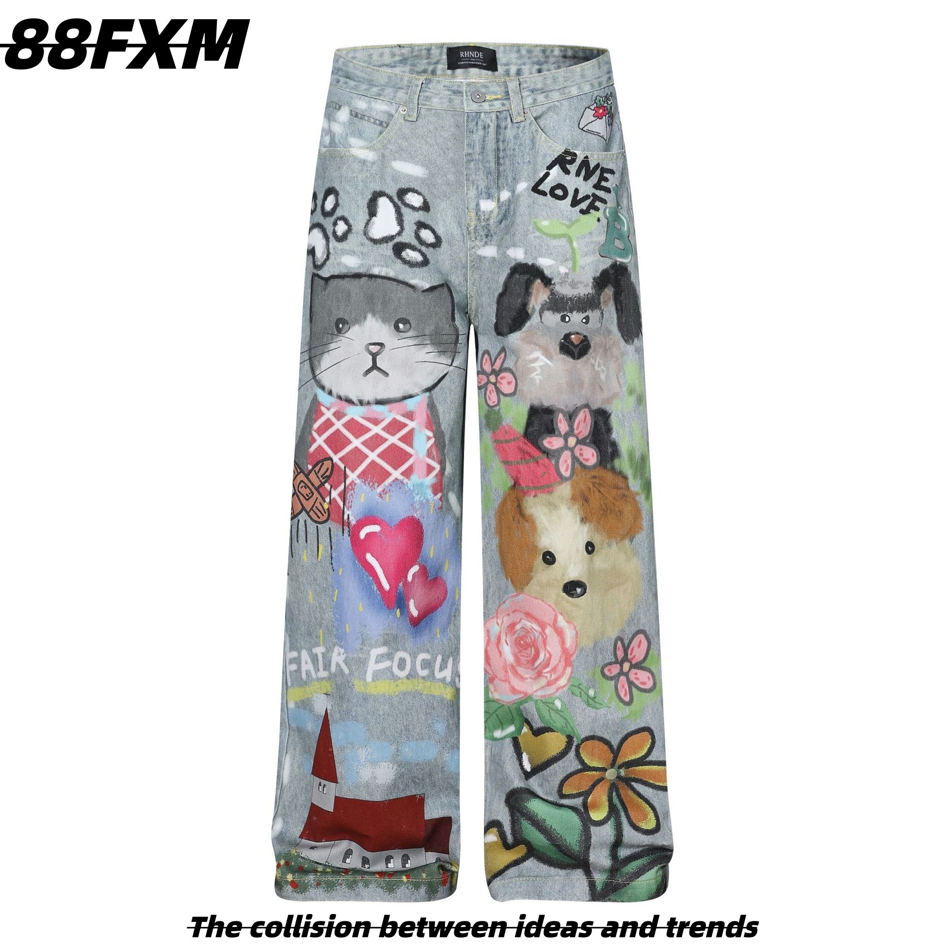 88FXM 美式趣味手绘涂鸦印花阔腿直筒牛仔裤男女春季小众休闲长裤,女装/女士精品,牛仔裤,淘宝优惠券,粉丝福利购,淘宝优惠卷