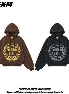 88FXM 美式复古徽章印花连帽棉衣外套男女冬季加厚百搭短款棉服潮