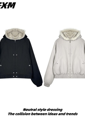 88FXM 座山雕毛领连帽棉服外套男女冬季短款棉衣加厚保暖夹克棉袄
