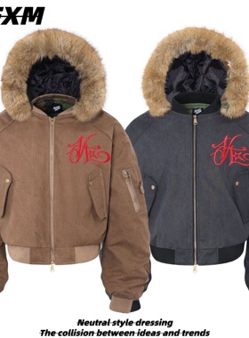 88FXM 美式复古街头重磅毛领棉服男女潮宽松冬季保暖长袖情侣外套