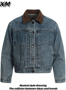88FXM 美式复古巴恩风短款牛仔夹克男女cleanfit痞帅翻领上衣外套