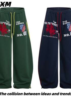 88FXM 美式字母印花刺绣抽绳卫裤复古宽松阔腿设计感弯刀爵士舞裤