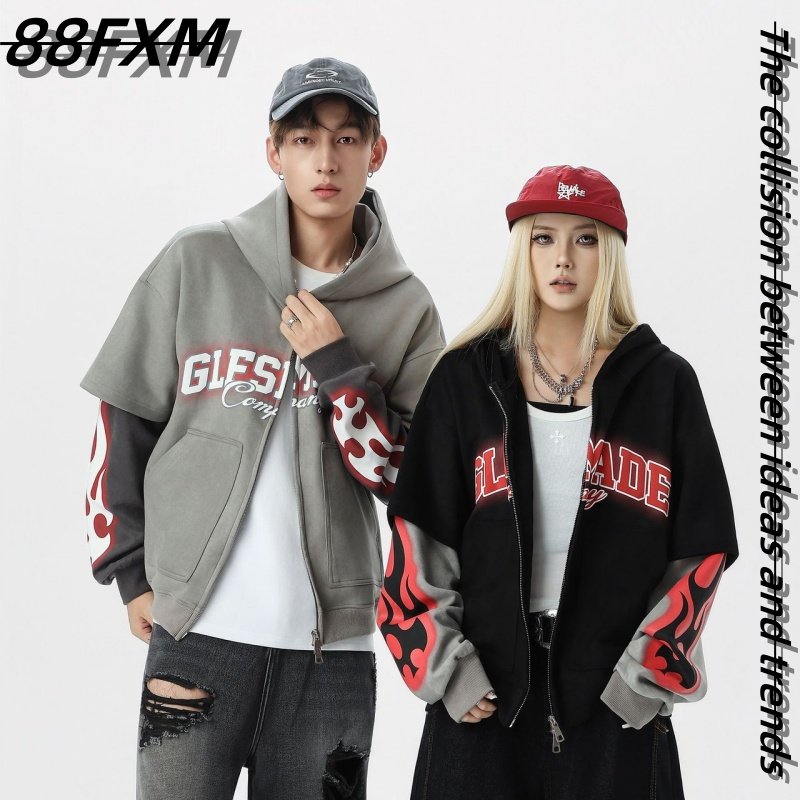 88FXM美式复古vintage假两件连帽卫衣宽松字母火焰印花开衫外套潮