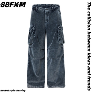 88FXM美式复古水洗做旧灯芯绒多口袋工装裤男女宽松cargo阔腿裤子