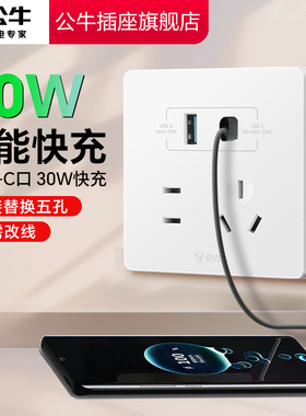 公牛开关插座type-cPD快充USB五孔插座面板苹果充电暗装86型G12白