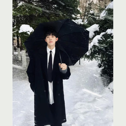 苏式戗驳领垫肩西装毛呢大衣男中A长款韩式穿搭高个子加长风衣外