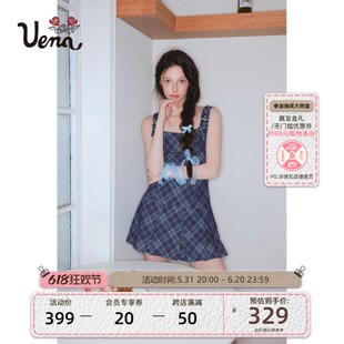 速发【星凝成河】U牛a蓝式复古美色格纹收腰吊带e仔连衣裙肩带可