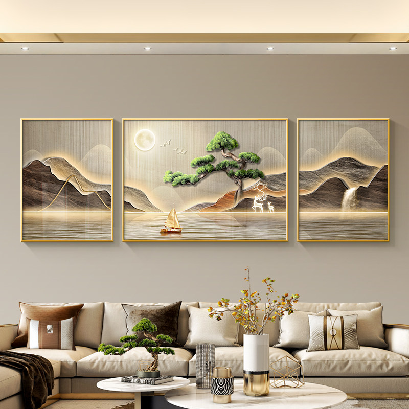 速发山水画客厅装饰画顺气一帆风大挂画三联画背背靠山沙发有景墙