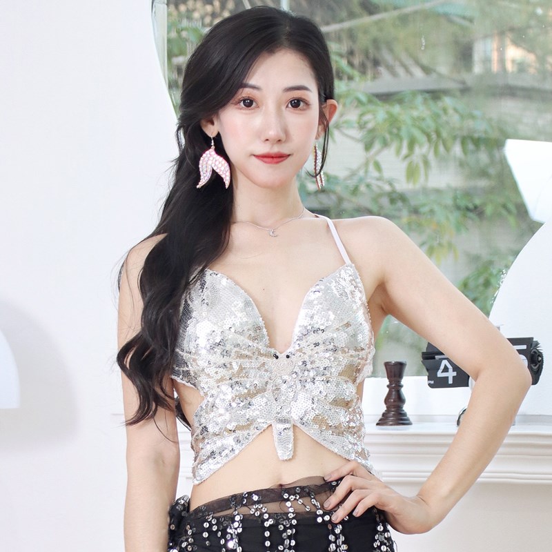 速发肚皮舞上衣D文夜店表演出亮片上装胸蝶S蝴速卖通爆款胸衣