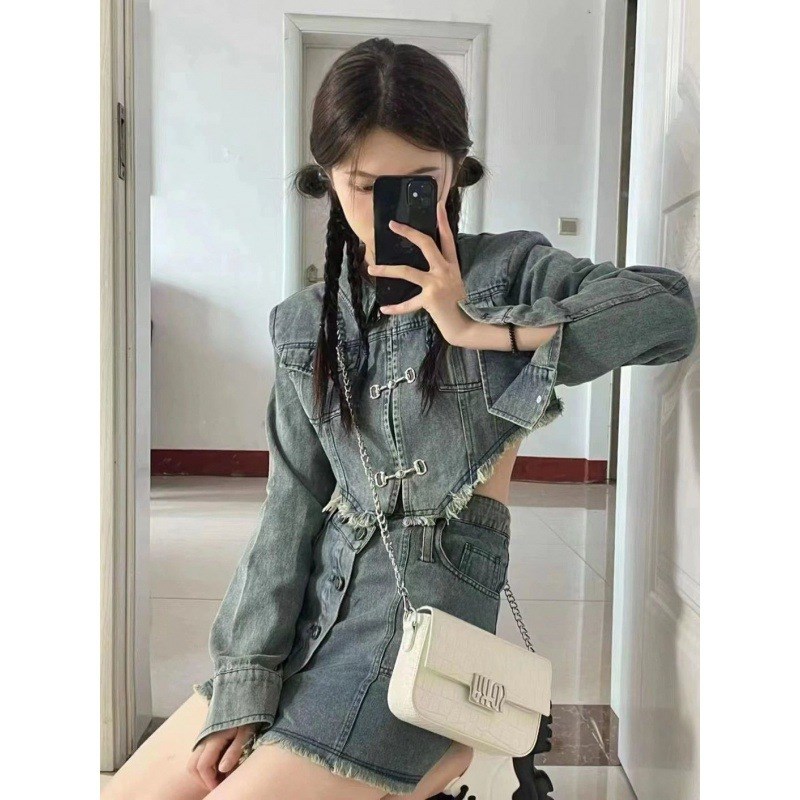 速发西尚牛仔裙设装时部辣妹风套计感短款牛仔上衣洋气半身包臀裙
