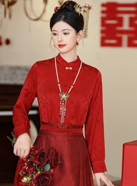 速发国风裙马面配上衣红色结婚汉服加绒长袖衬衣立中新领式秋冬