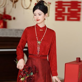 速发国风裙马面配上衣红色结婚汉服加绒长袖衬衣立中新领式秋冬